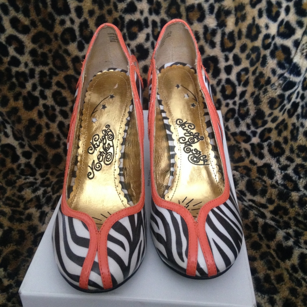 Naughty Monkey Zebra Heels with Bold Orange Trim - Picture 2 of 6